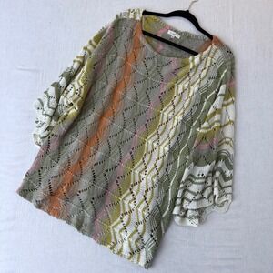 Easel Los Angeles Boho Open Knit Chevron Sweater Green Orange ET16158 Large
